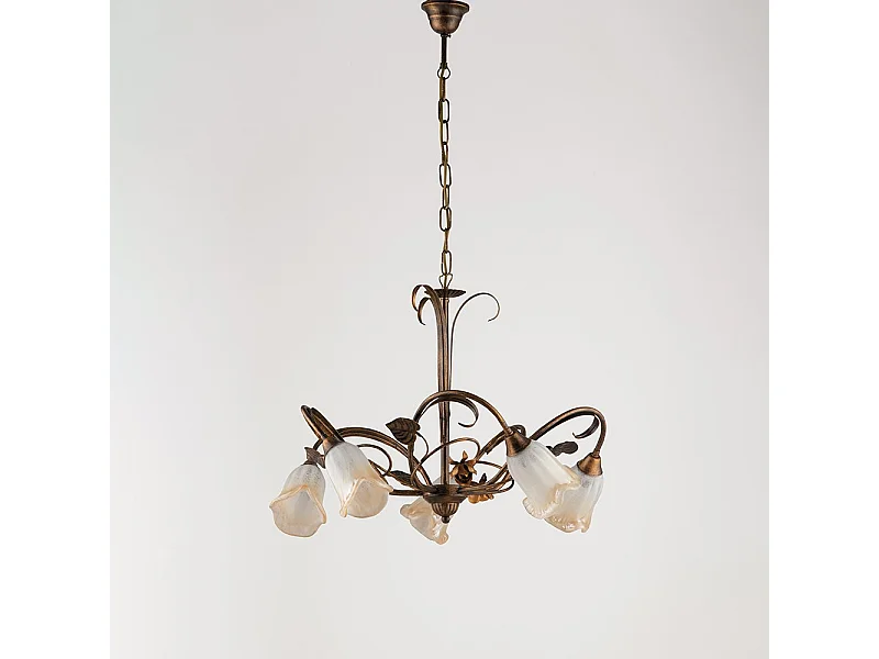 Lampadario Classico Arte Povera 5 Luci Ferro Battuto Marrone e Oro Serie Cestino