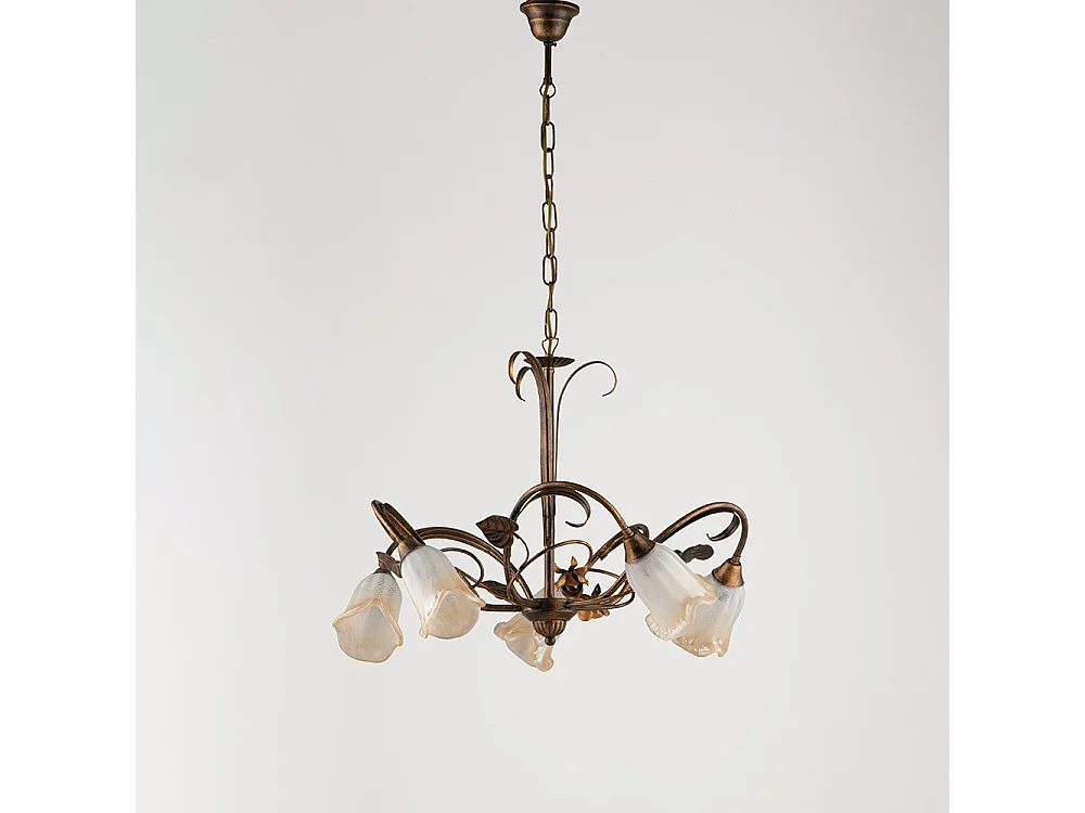 Lampadario Classico Arte Povera 5 Luci Ferro Battuto Marrone e Oro Serie Cestino