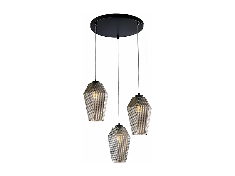 Prisma Suspensión en hierro lacado negro con cables eléctricos orientables y difusores en cristal soplado gris espejo con dec. 3 luces en relieve