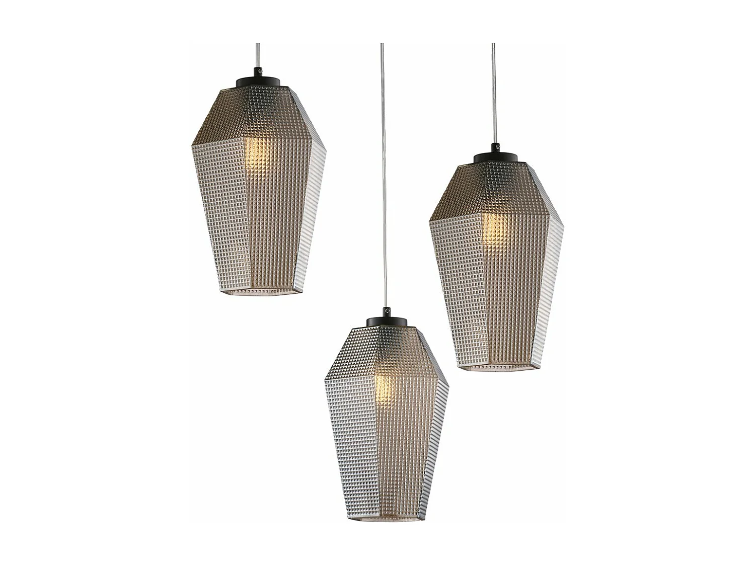 Suspension Prisma fer noir, câbles réglables, verre soufflé miroir gris décor en relief, 3 lumières, look raffiné