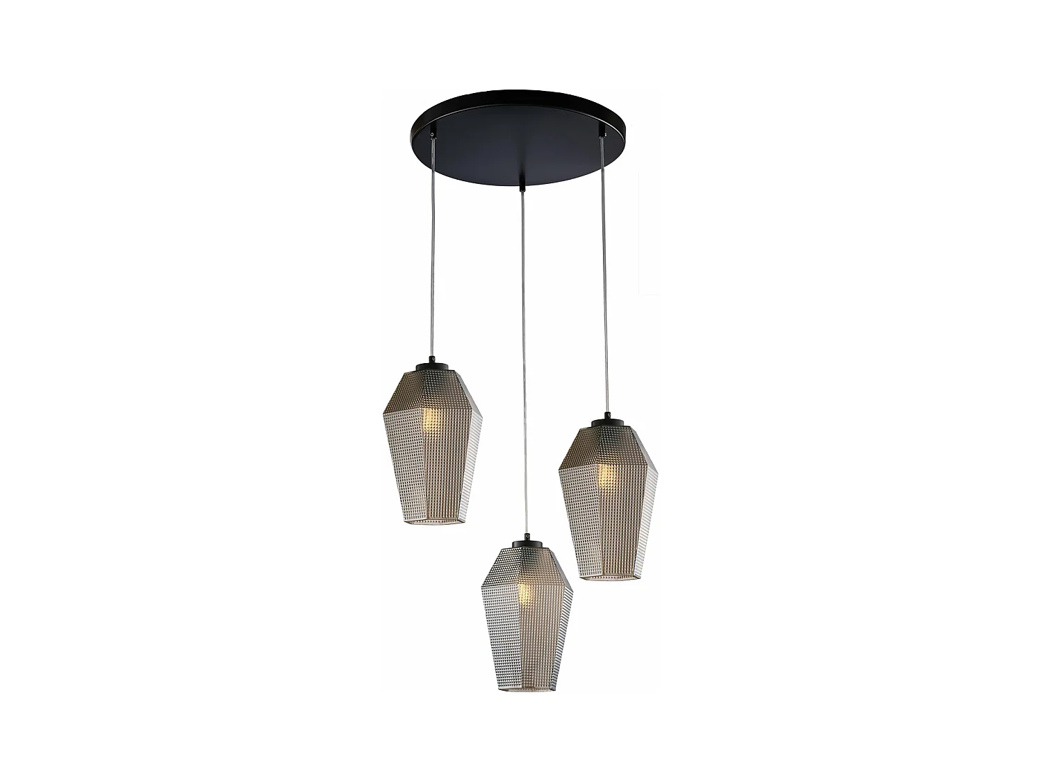 Suspension Prisma fer noir, câbles réglables, verre soufflé miroir gris décor en relief, 3 lumières, look raffiné