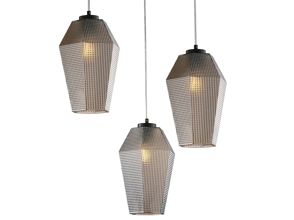 Candeeiro Suspenso Prisma em ferro preto com cabos elétricos reguláveis ​​e difusores em vidro soprado espelhado cinza com dec. 3 luzes em relevo