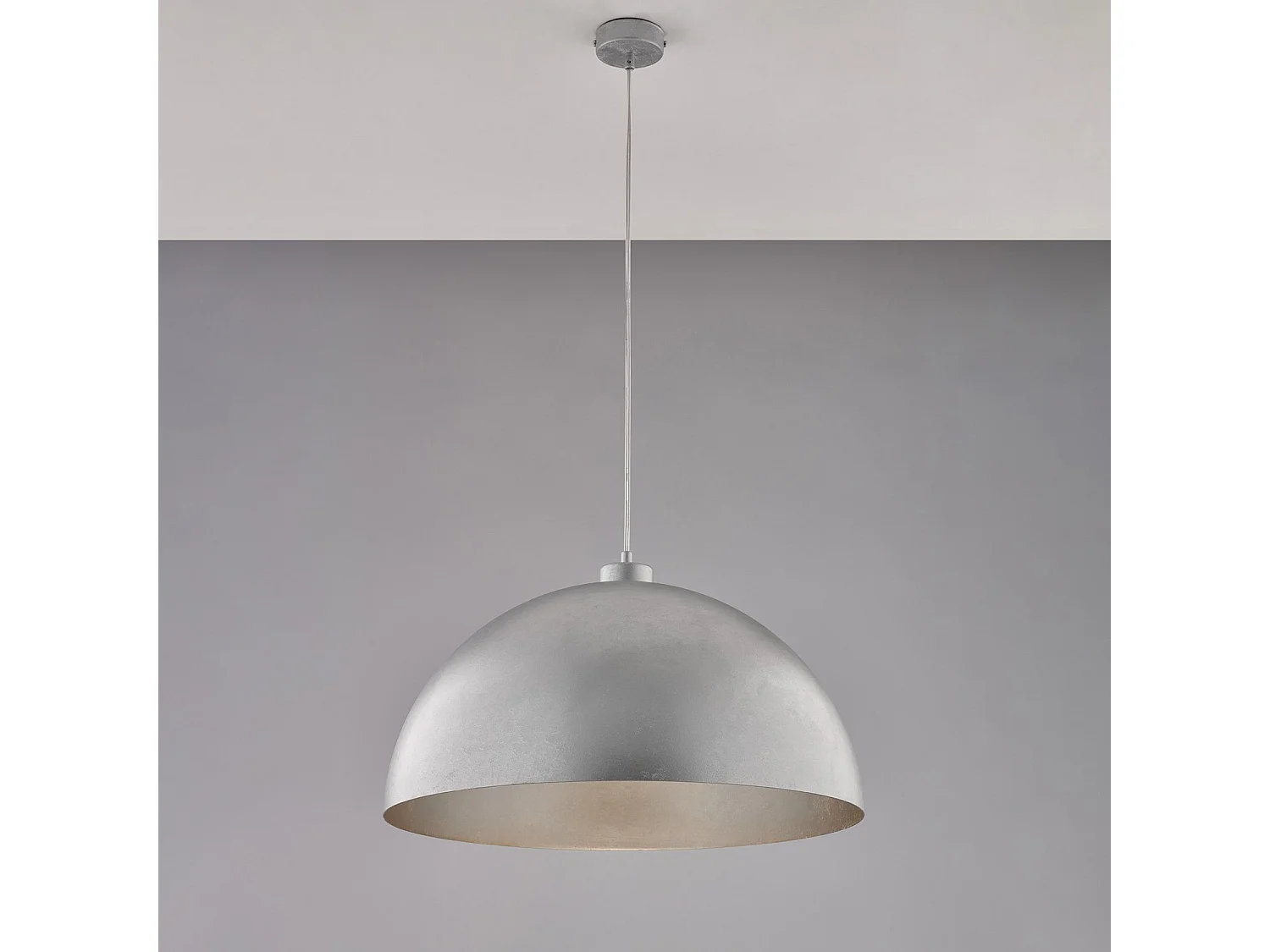 Suspension Marcus d.50 cm, fer blanc, décor argent antique, câble réglable, 1 lumière, pour pièce chic et sobre