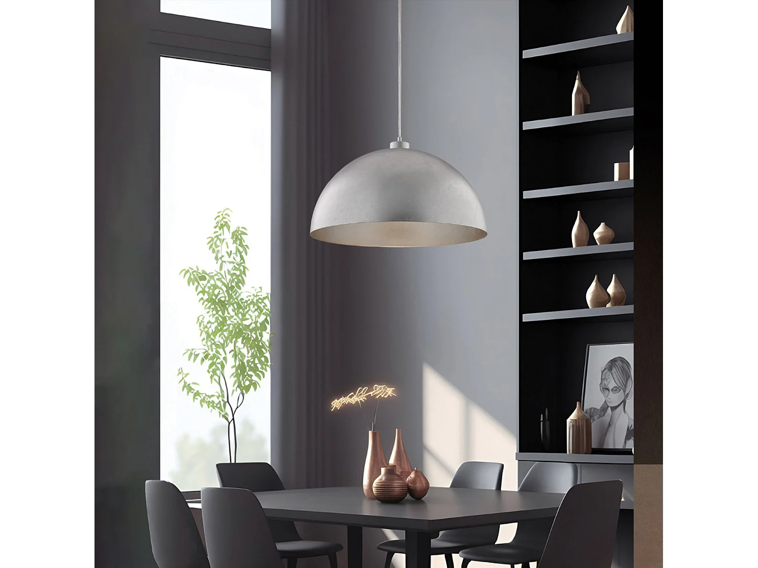 Suspension Marcus d.50 cm, fer blanc, décor argent antique, câble réglable, 1 lumière, pour pièce chic et sobre