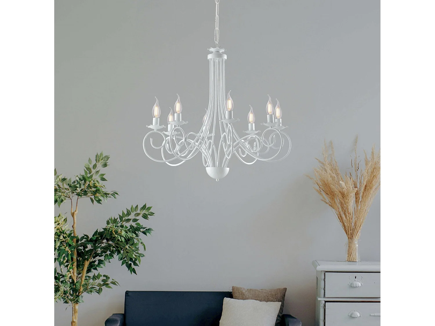 Alma - White lacquered iron chandelier with shabby chic effect decoration, 8 lights, 128 cm - Ø67 cm - BL130-8-BCO