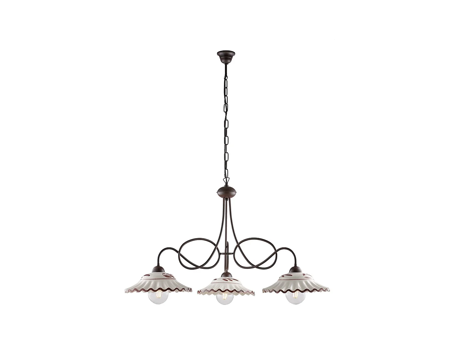 Lustre Bistrot fer noir, décor rouille, diffuseurs céramique d.30, blanc et marron, 3 lumières, déco rustique