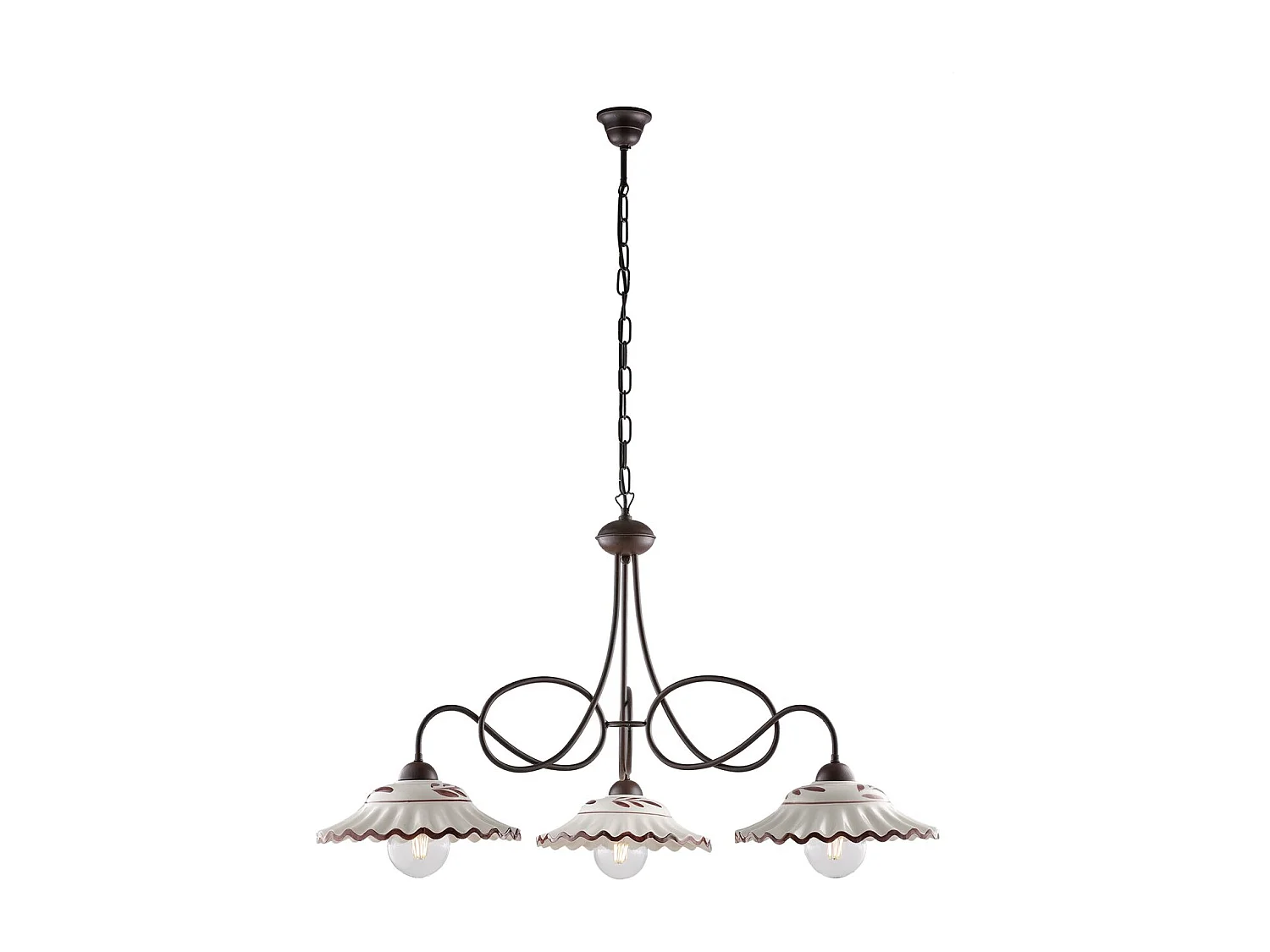 Lustre Bistrot fer noir, décor rouille, diffuseurs céramique d.30, blanc et marron, 3 lumières, déco rustique