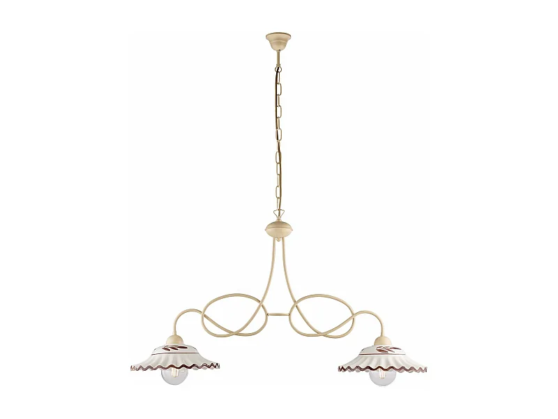 Lustre Bistrot fer ivoire, effet décapé, diffuseurs céramique d.30, blanc/marron, 2 lumières 98x30 cm, déco cosy