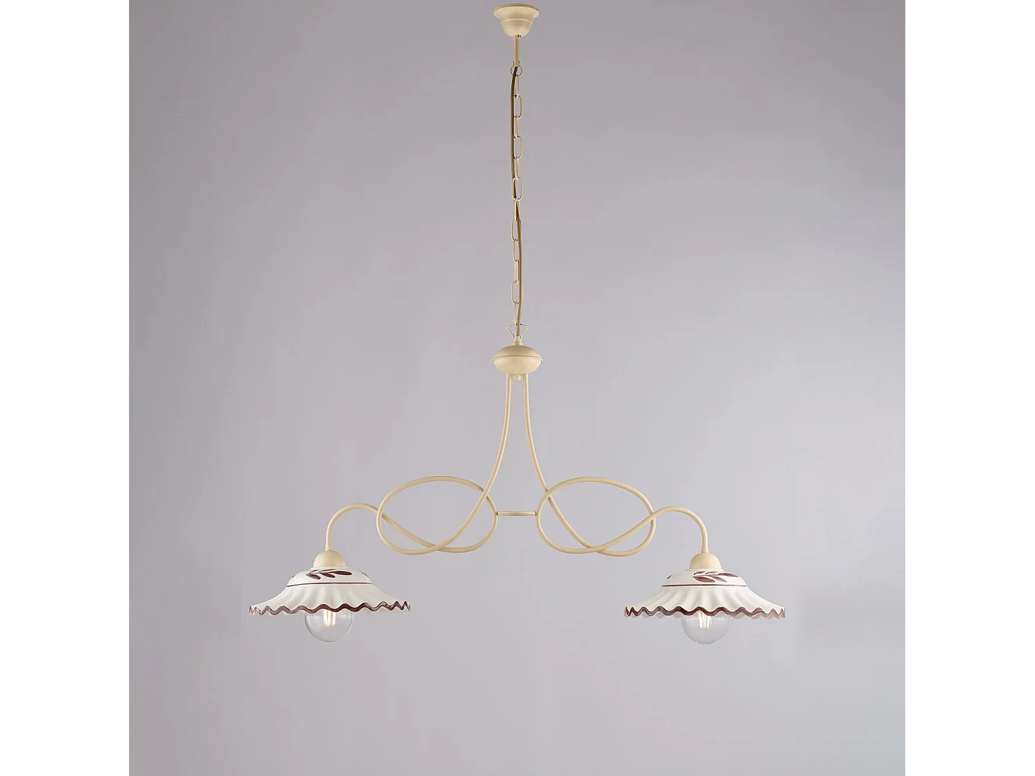 Lustre Bistrot fer ivoire, effet décapé, diffuseurs céramique d.30, blanc/marron, 2 lumières 98x30 cm, déco cosy