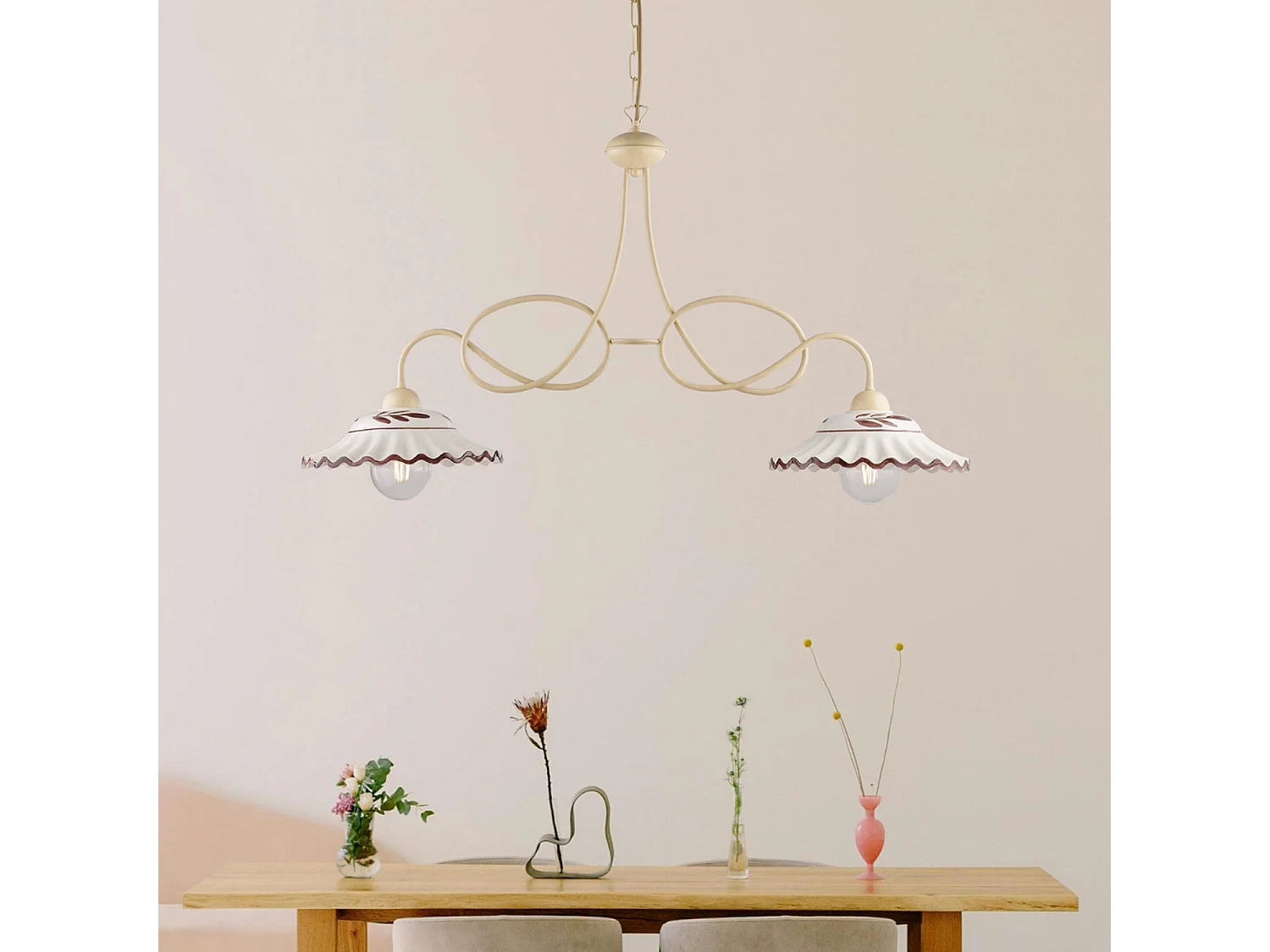 Lustre Bistrot fer ivoire, effet décapé, diffuseurs céramique d.30, blanc/marron, 2 lumières 98x30 cm, déco cosy