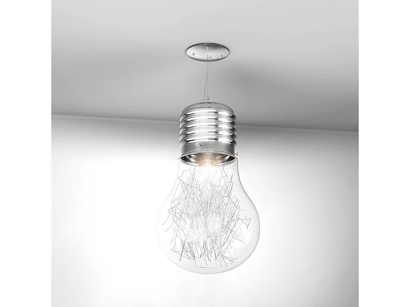Sospensione Contemporanea Big Lamp Metallo Cromo Vetro Trasp 1 Luce E27