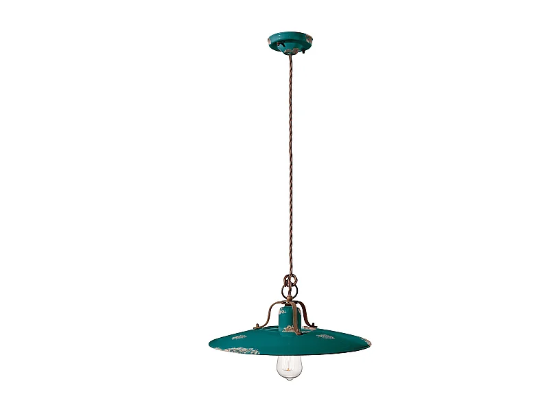 Lampadario Vintage Country Ferro E Ceramica Verde 1 Luce E27