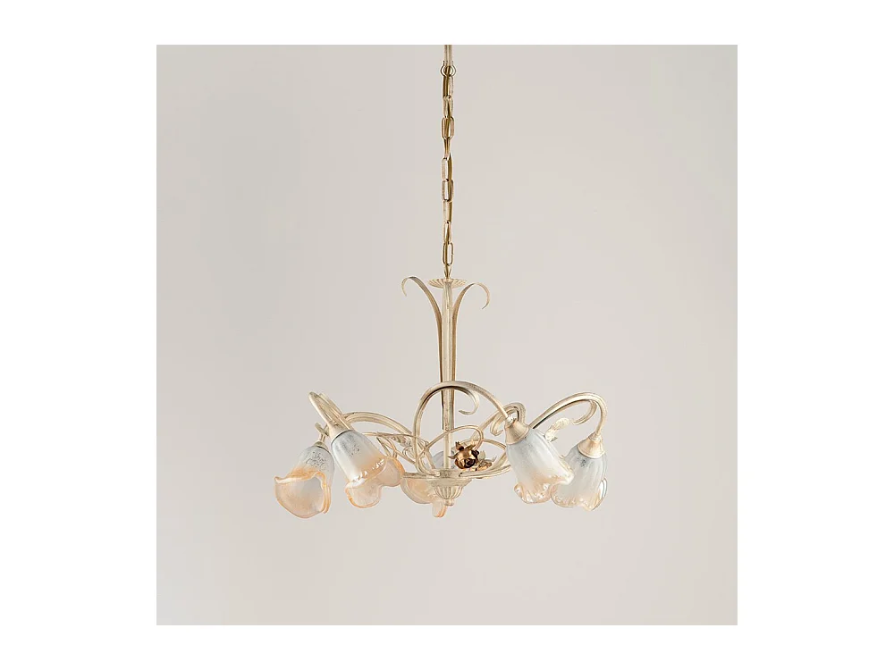 Lampadario Classico Arte Povera 5 Luci Ferro Battuto Avorio e Oro Serie Cestino