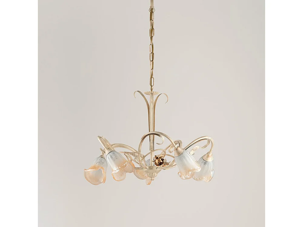 Lampadario Classico Arte Povera 5 Luci Ferro Battuto Avorio e Oro Serie Cestino