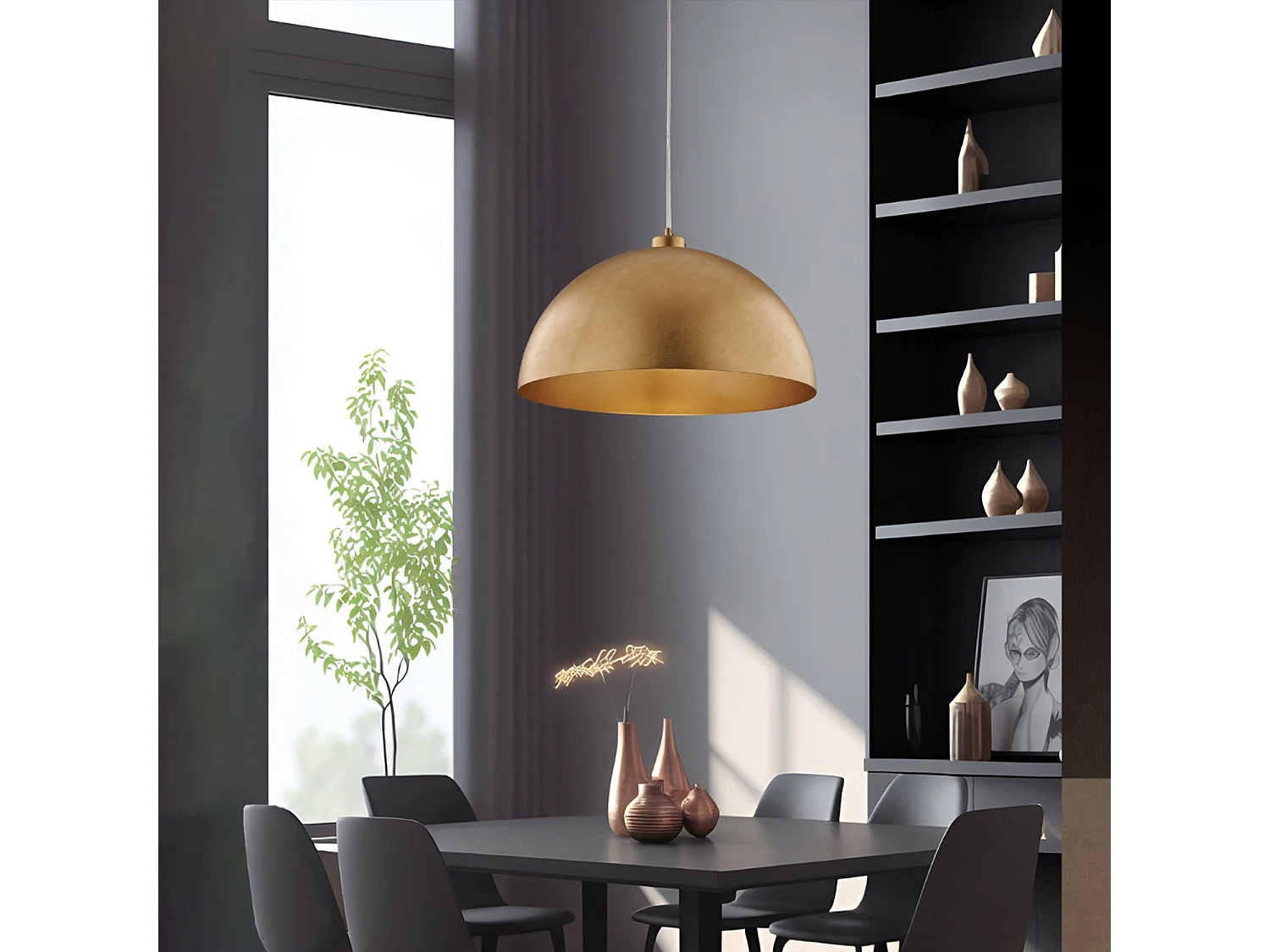 Suspension Marcus d.50 cm, fer blanc, décor or antique, câble réglable, 1 lumière, design classique lumineux