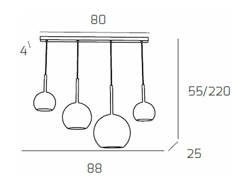 Sosp. Cromo Rettangolare 4 Luci Vetri (1 Grande+1 Medio+2 Piccolo) Tutti Rame