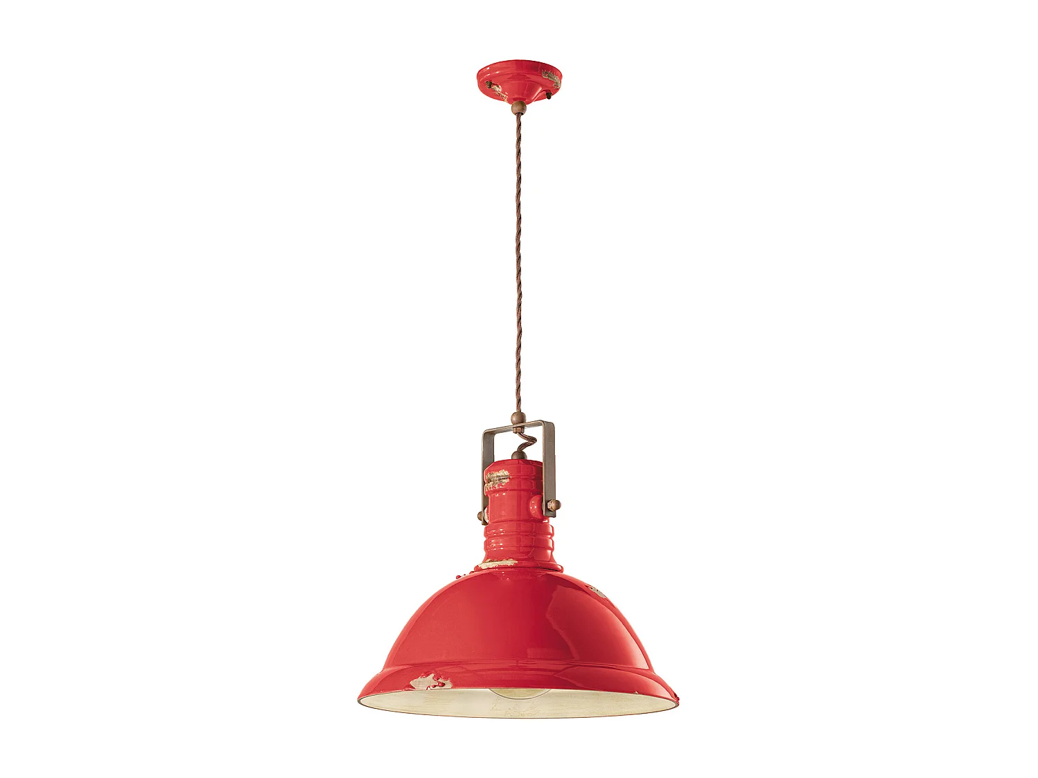 Lampadario Industrial Ferro E Ceramica Vintage Rosso 1 Luce E27 40Cm