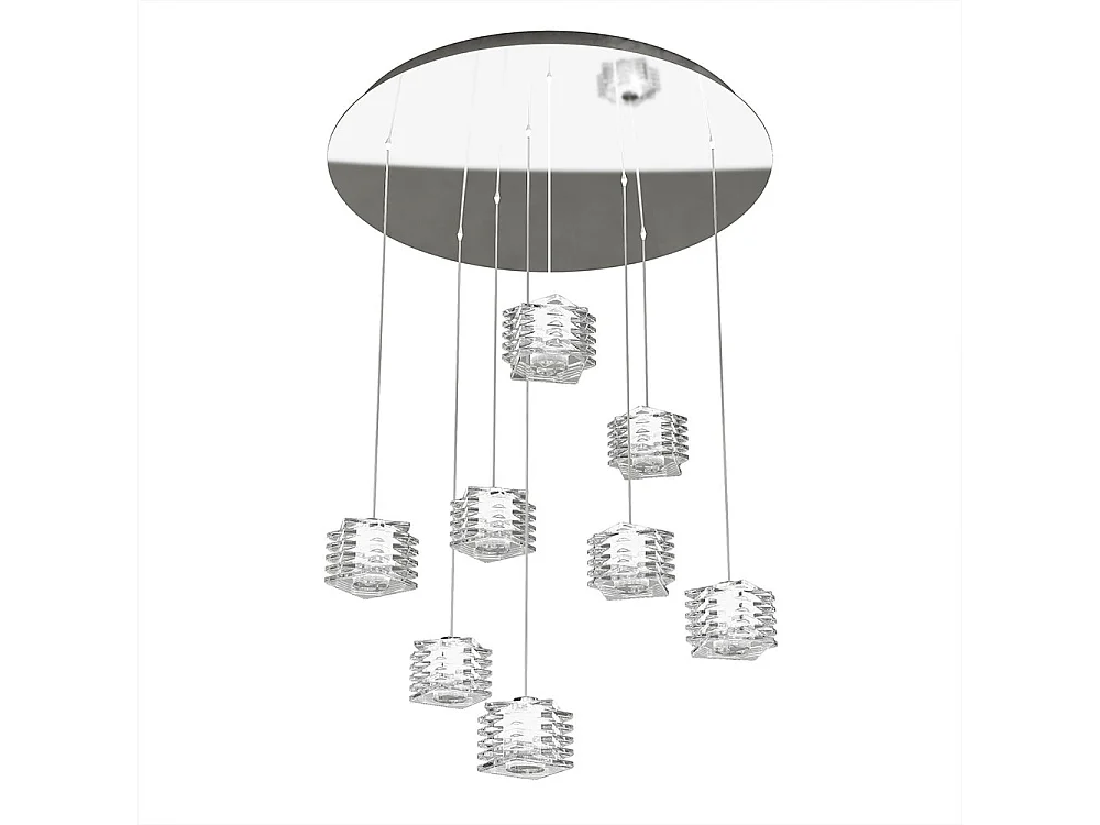 Sospensione Contemporanea Rubik Metallo Cromo Diffusore Cristallo 8 Luci G9