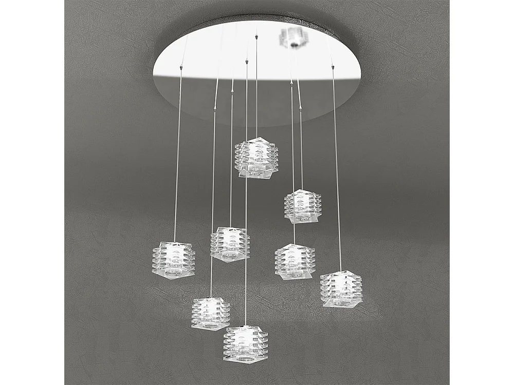 Sospensione Contemporanea Rubik Metallo Cromo Diffusore Cristallo 8 Luci G9