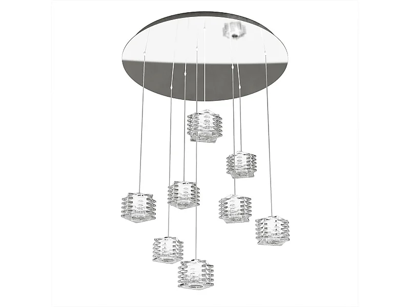 Sospensione Contemporanea Rubik Metallo Cromo Diffusore Cristallo 8 Luci G9