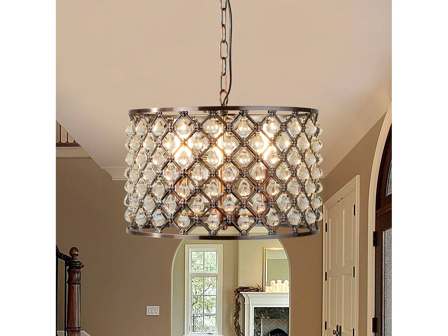 Searchlight Marquise - Sospensione a soffitto a 3 luci in rame con cristalli di vetro, attacco E14