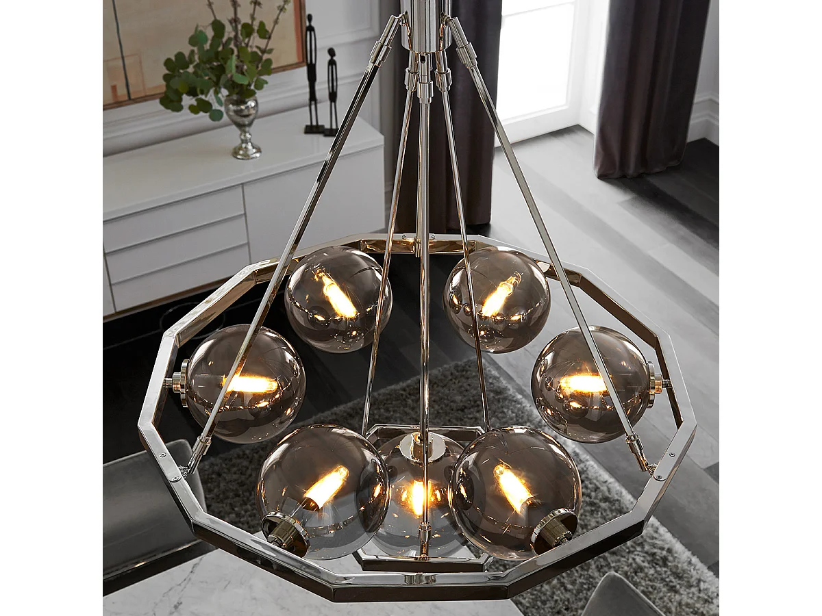 Lampadario Contemporaneo Harper Acciaio Nichel Lucido Vetro 7 Luci E14