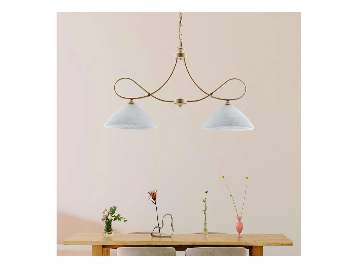 Lustre Dallas ivoire, effet décapé et or antique, verre albâtre d.13, 2 lumières, idéal pour petites pièces