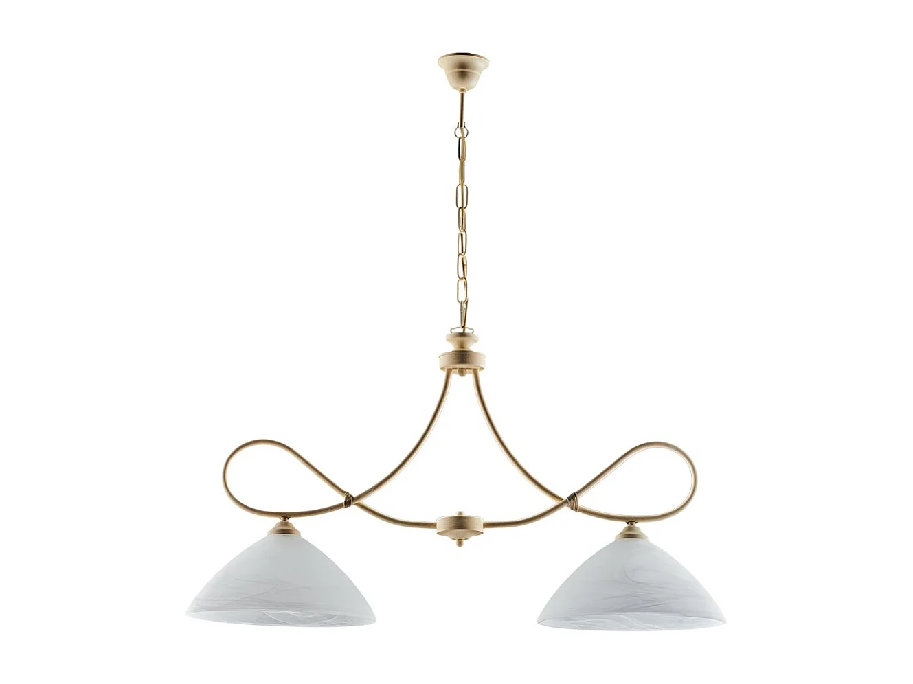 Lustre Dallas em ferro lacado marfim com deco efeito decapado e acabamentos em ouro antigo com difusores de vidro d. 13 alabastro branco 2 luzes