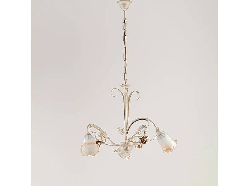 Lampadario Classico Arte Povera 3 Luci Ferro Battuto Avorio e Oro Serie Cestino