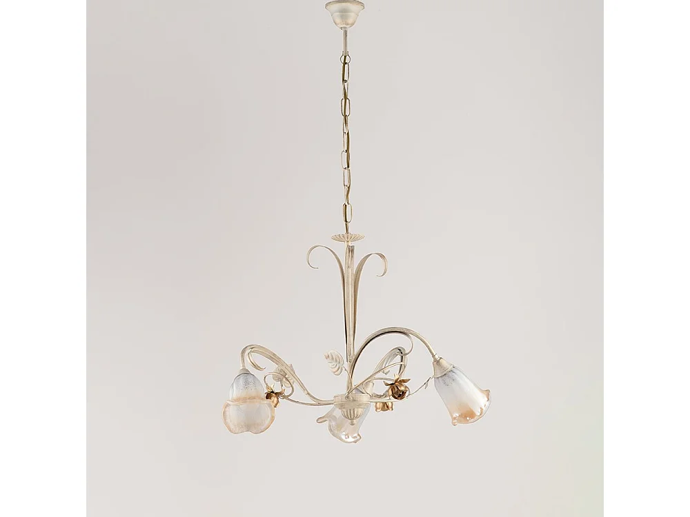 Lampadario Classico Arte Povera 3 Luci Ferro Battuto Avorio e Oro Serie Cestino