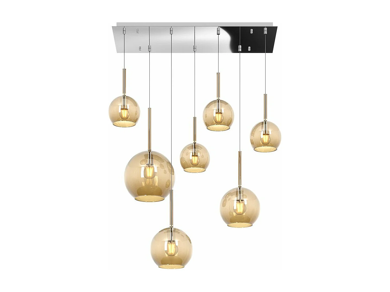 Sosp. Cromo Rettangolare 7 Luci Vetri (1 Grande+2 Medio +4 Piccolo) Tutti Ambra