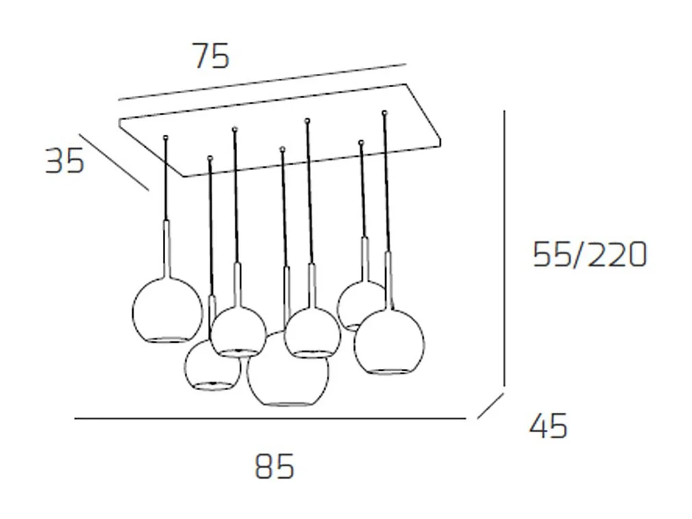 Sosp. Cromo Rettangolare 7 Luci Vetri (1 Grande+2 Medio +4 Piccolo) Tutti Ambra