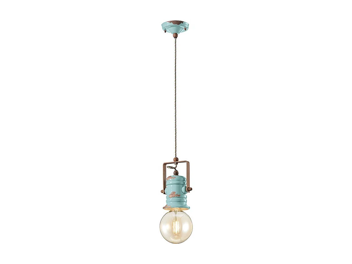 Lampadario Industrial Minimal Urban Ferro Ceramica Vintage Azzurro 1 Luce E27