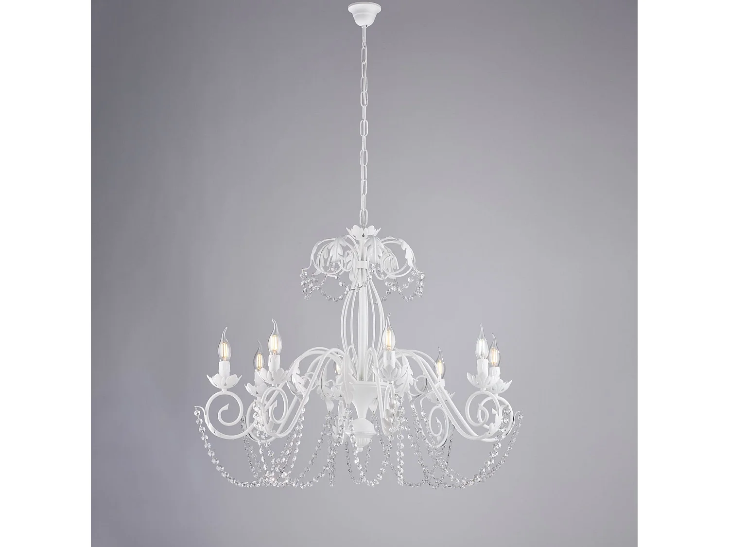 Damasco Lustre en fer laqué blanc décoration effet shabby chic et strass cristal 8 lumières 130 d.90 BL77-8-BCO