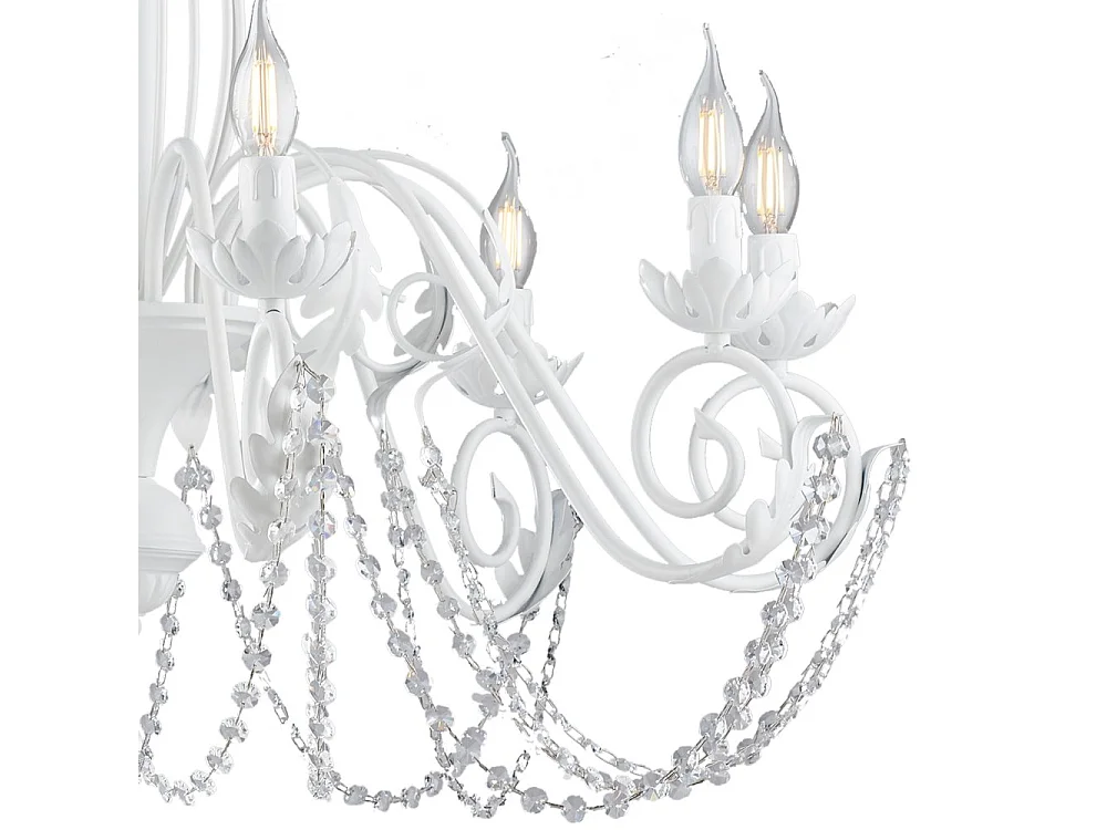 Damasco Lustre en fer laqué blanc décoration effet shabby chic et strass cristal 8 lumières 130 d.90 BL77-8-BCO