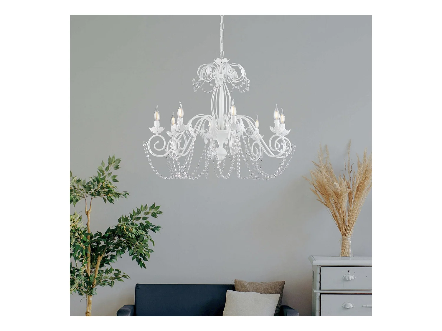 Damasco Lustre en fer laqué blanc décoration effet shabby chic et strass cristal 8 lumières 130 d.90 BL77-8-BCO