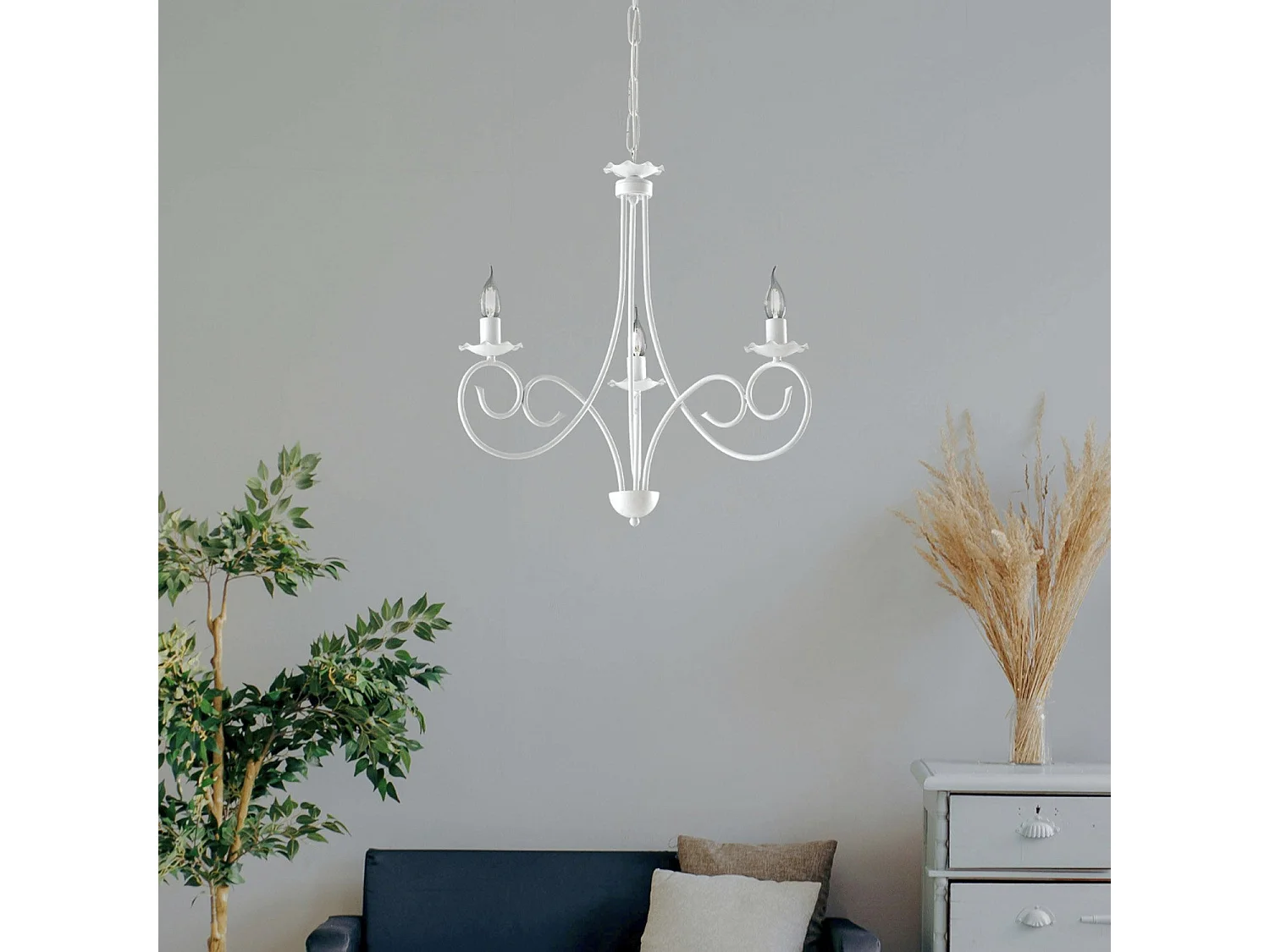 Alma - Lámpara de araña de hierro lacado en blanco con decoración. Lámpara de techo efecto shabby chic 3 luces 120 - Ø50 - BL130-3-BCO