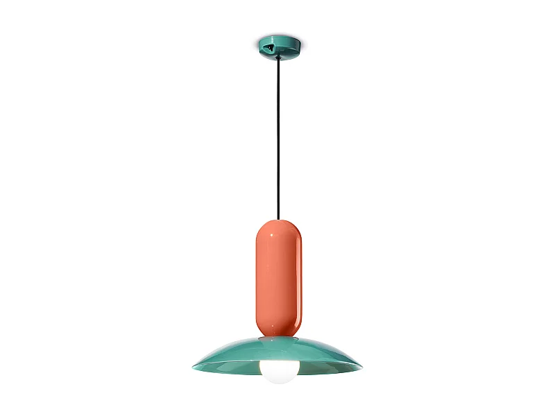 Lampadario Vintage Decò Pau Ceramica Turchese E Arancio Pokè 1 Luce E27