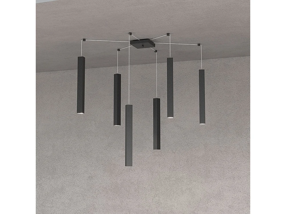 Square Tube Sospensione 6 Luci Nero Cavo Cm.250 Con Base