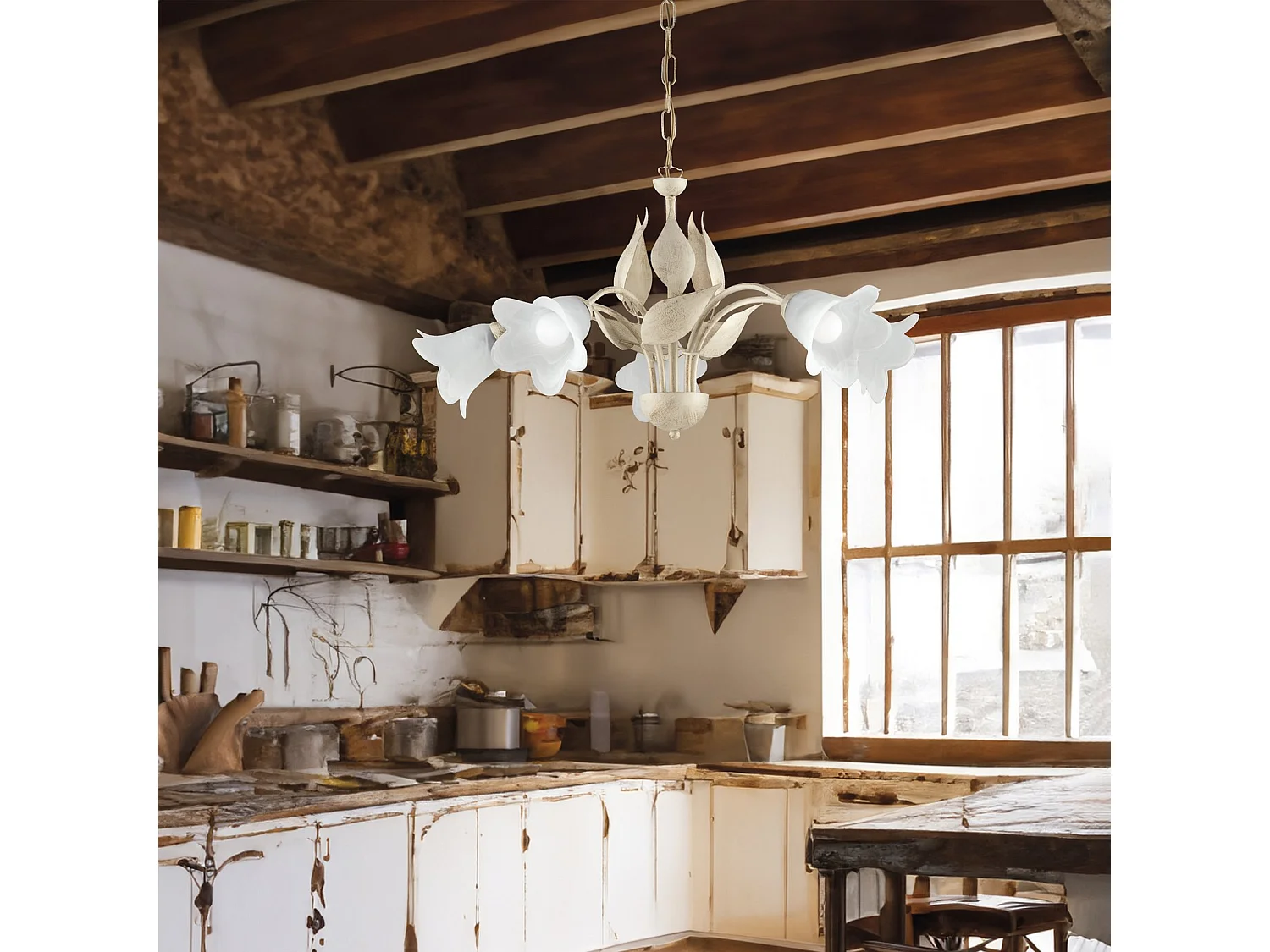 Lustre Olga fer ivoire, déco or antique, verre albâtre d.14, 5 lumières d.68 cm style rétro chaleureux