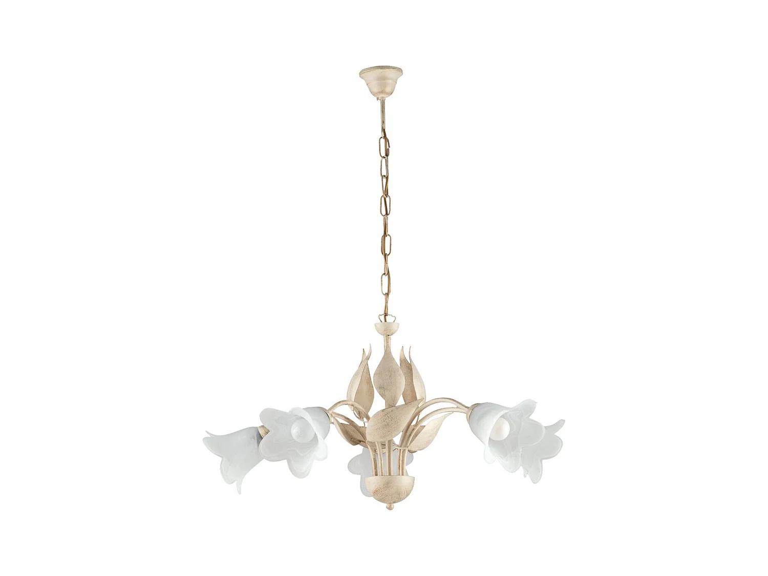Lustre Olga fer ivoire, déco or antique, verre albâtre d.14, 5 lumières d.68 cm style rétro chaleureux