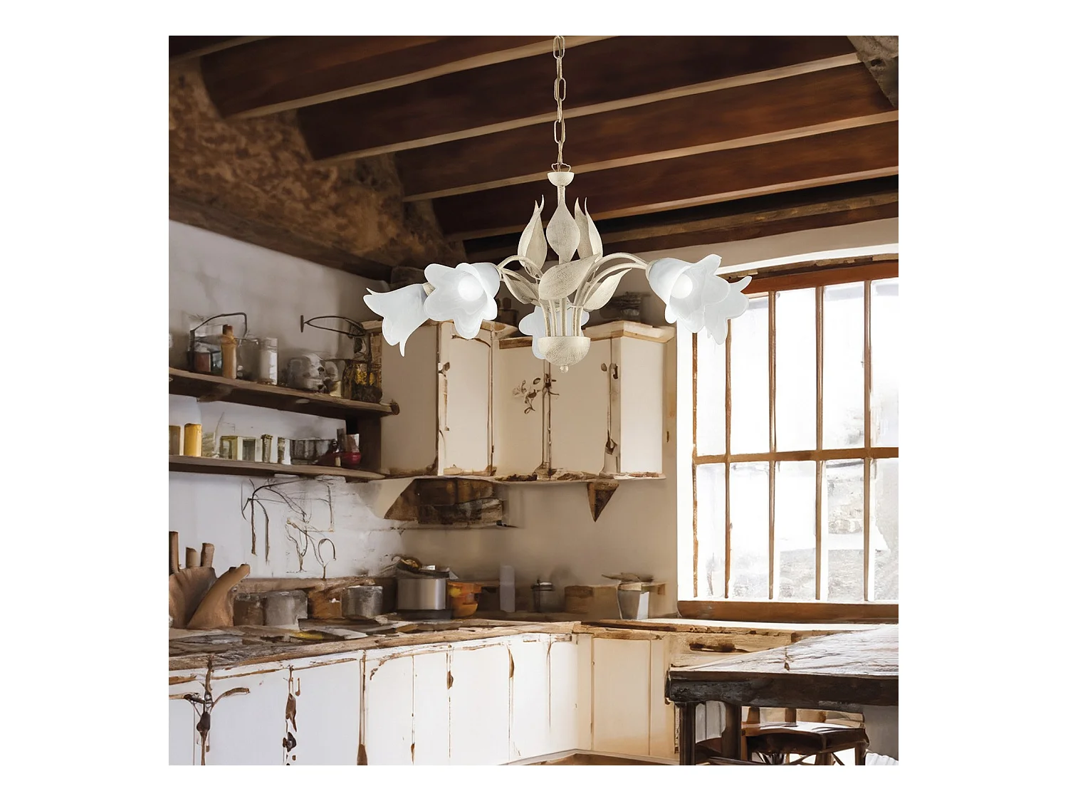 Lustre Olga fer ivoire, déco or antique, verre albâtre d.14, 5 lumières d.68 cm style rétro chaleureux