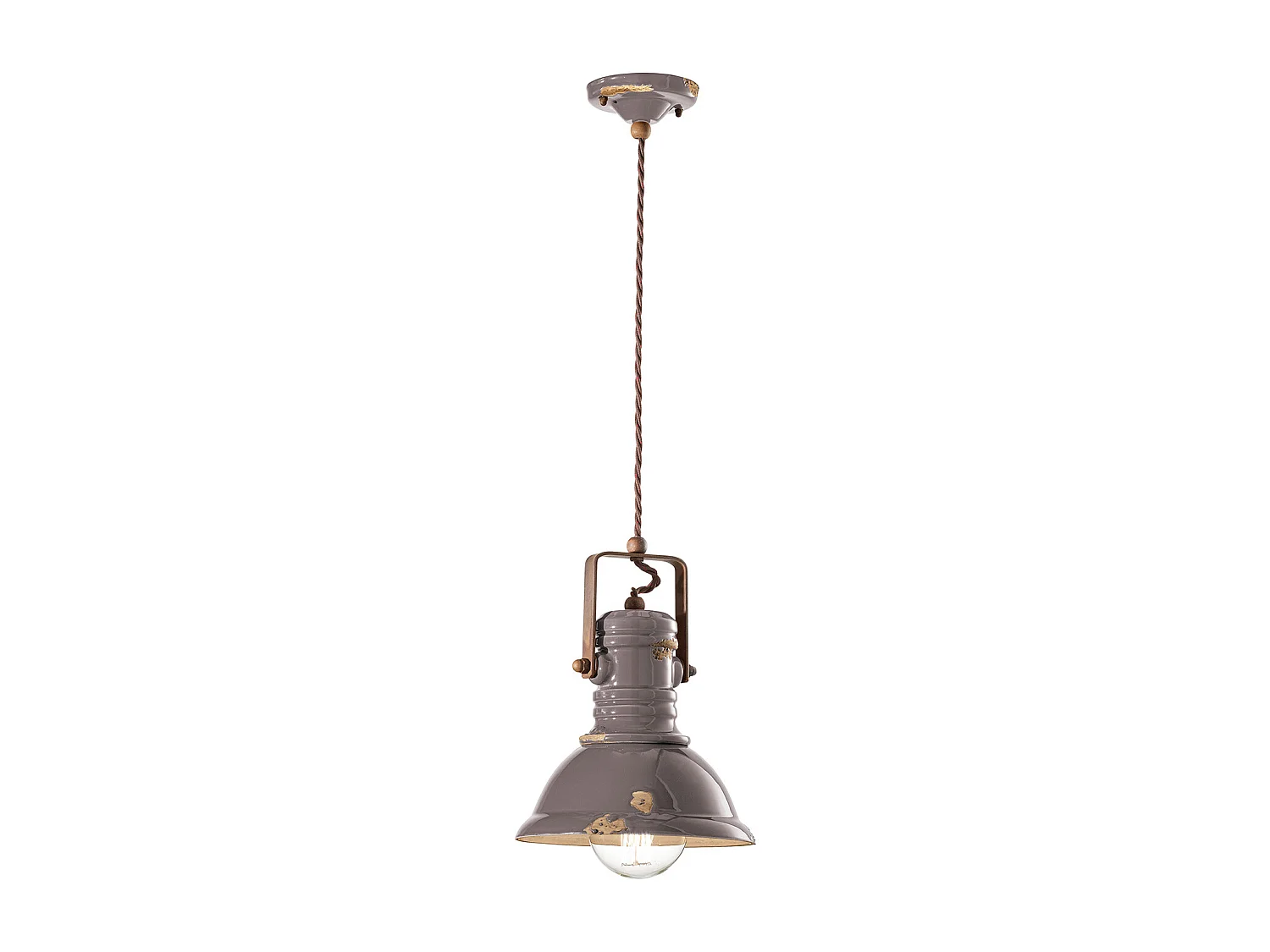 Lampadario Industrial Ferro E Ceramica Vintage Tortora 1 Luce E27 23Cm