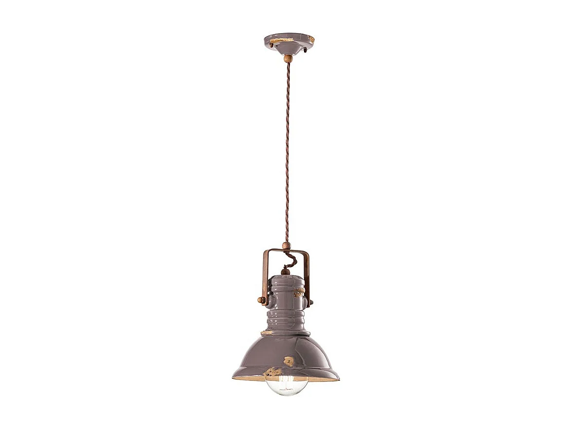 Lampadario Industrial Ferro E Ceramica Vintage Tortora 1 Luce E27 23Cm