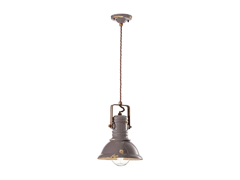 Lampadario Industrial Ferro E Ceramica Vintage Tortora 1 Luce E27 23Cm