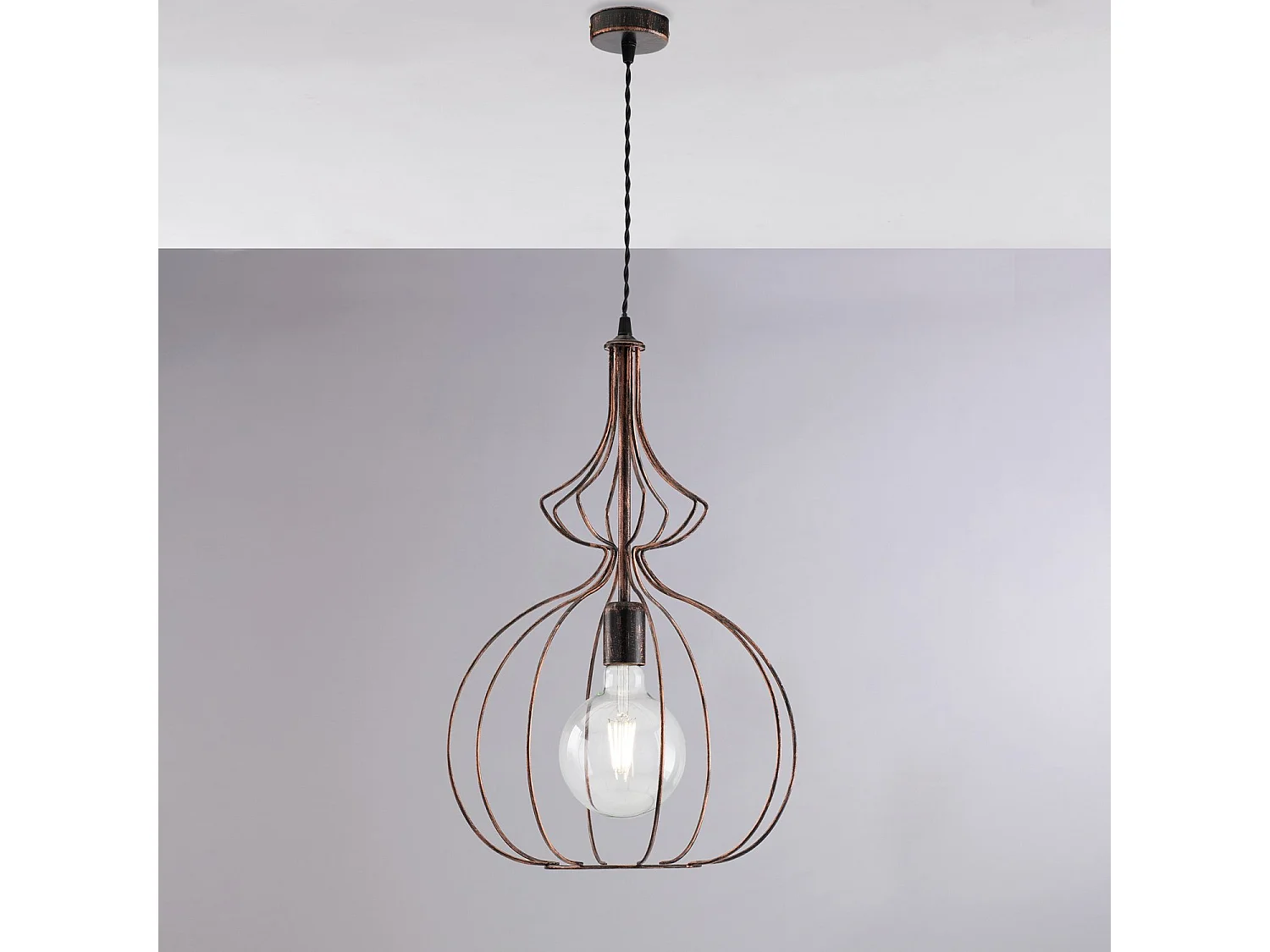 Sospensione Industrial 1 Luce Olimpia Gabbia Ferro Laccato Nero E Rame