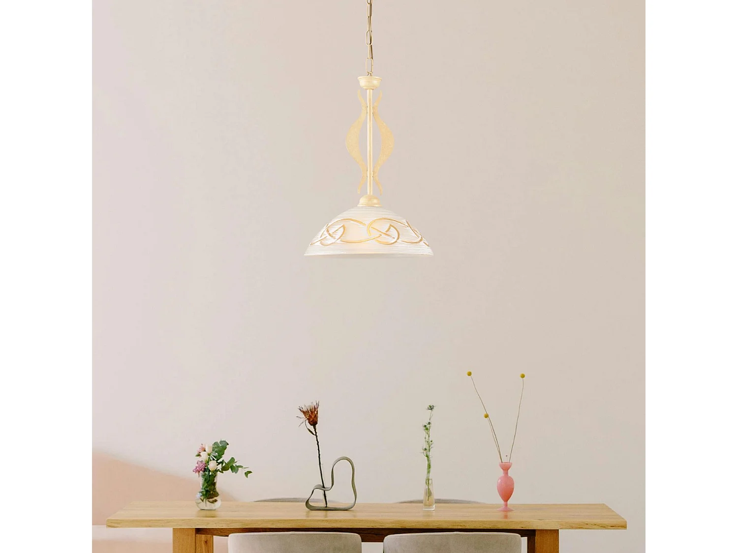 Lustre Bilbao fer ivoire, effet décapé, verre d.30 blanc et ambre, 1 lumière d.30 cm, style rustique élégant