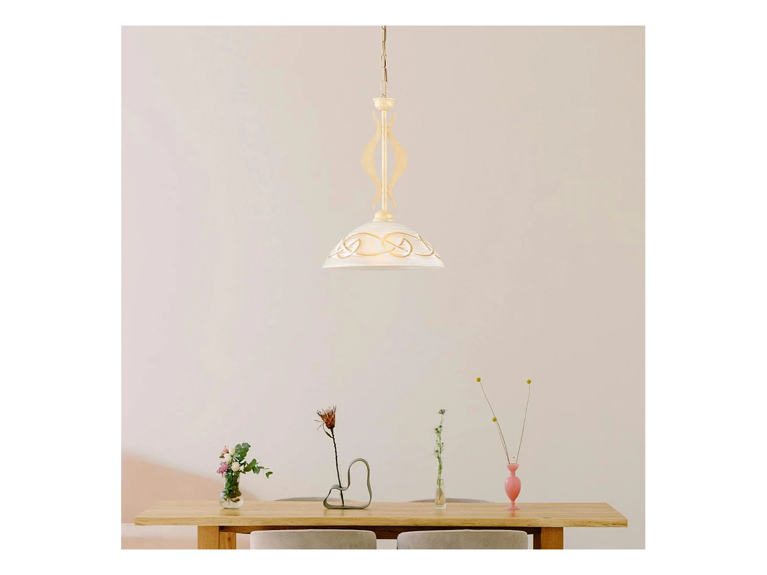 Lustre Bilbao fer ivoire, effet décapé, verre d.30 blanc et ambre, 1 lumière d.30 cm, style rustique élégant