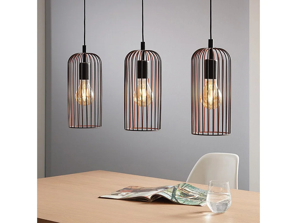Lampadario Industrial Roccamena 3 Luci Acciaio Nero E Rame