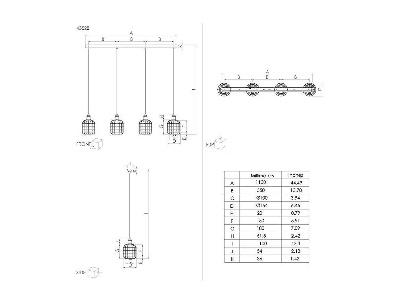 Lampadario Moderno Chisle 4 Luci Acciaio Nero